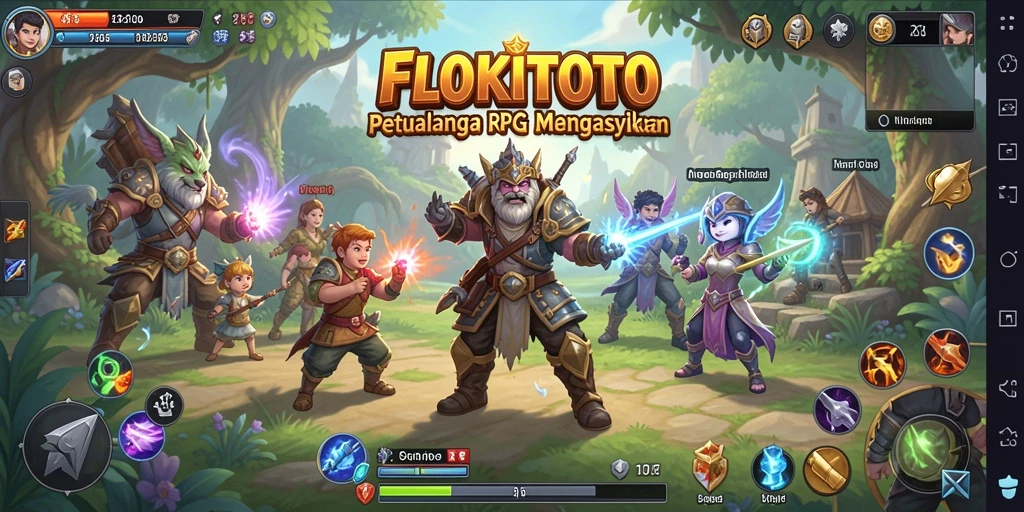 Screenshot gameplay <strong>FLOKITOTO</strong> menampilkan aksi seru dan pertarungan yang dinamis.