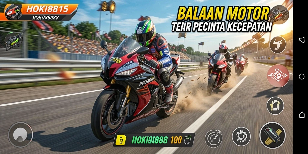 Screenshot gameplay HOKI8815 menunjukkan intensitas balapan motor yang seru.