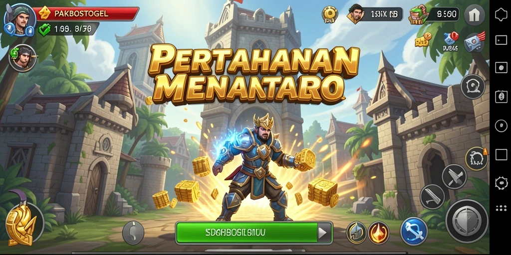 Tampilan gameplay seru dalam PAKBOSTOGEL dengan menara pertahanan yang strategis.