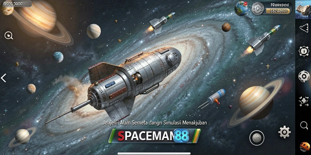 Screenshot utama dari gameplay SPACEMAN88 dengan eksplorasi luar angkasa.