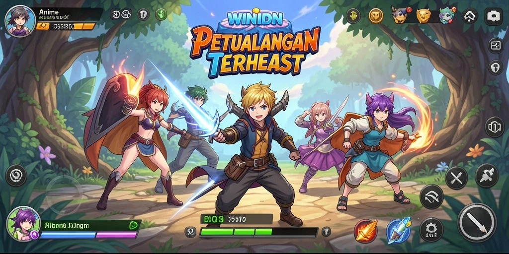 Screenshot gameplay WINIDN menunjukkan karakter anime yang keren dan aksi seru.